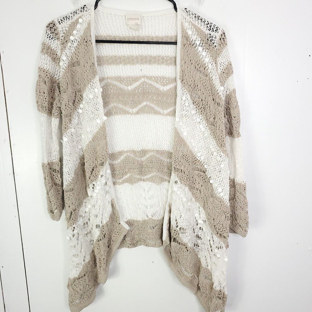 Chicos Sweater Womens S 0 Loose Open Knit Neutrals Stripes Sequins Beachy Light